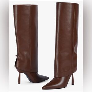 Foldover Brown Leather Heeled Boots